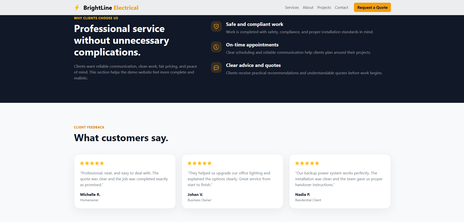 Trust and testimonial section